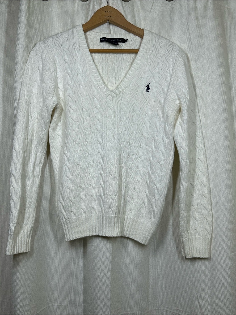 Vintage Ralph Lauren Sport Polo Cable Knit Sweater Sz Large White Horse Logo